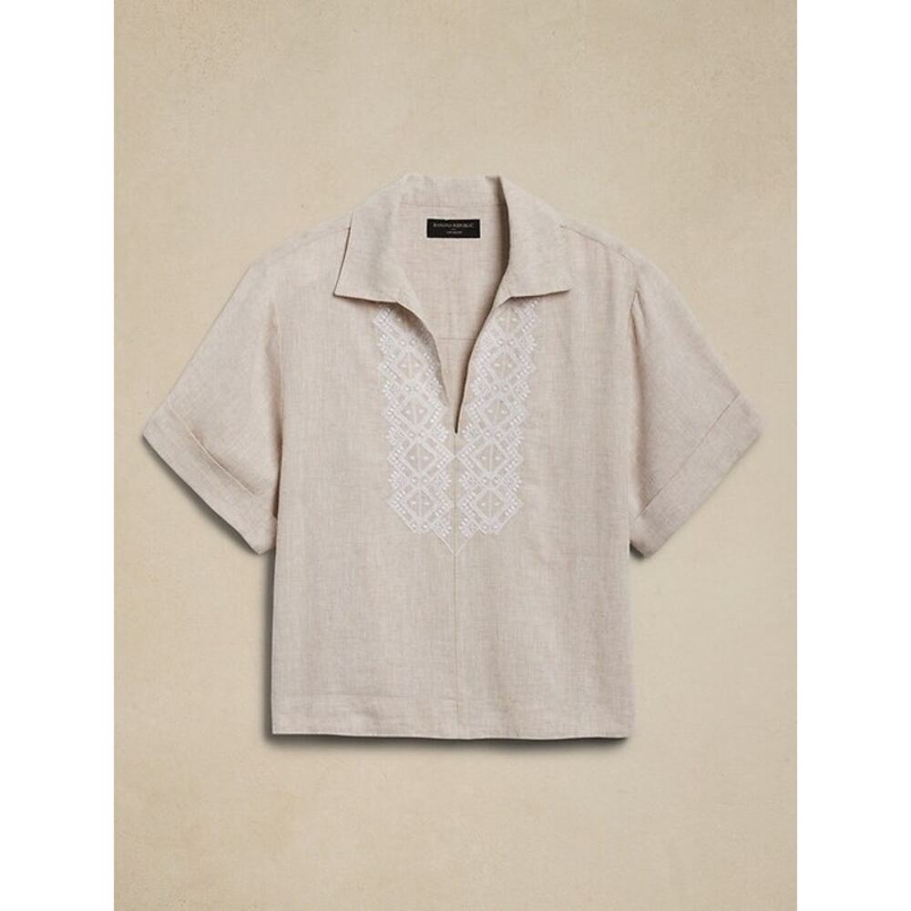 Banana Republic Beige Linen-Blend Embroidered Top